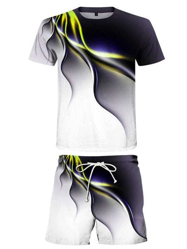 Workout Style Two-Piece Set Lighting Print T-Shirt + Drawstring Elastic Waistband Shorts