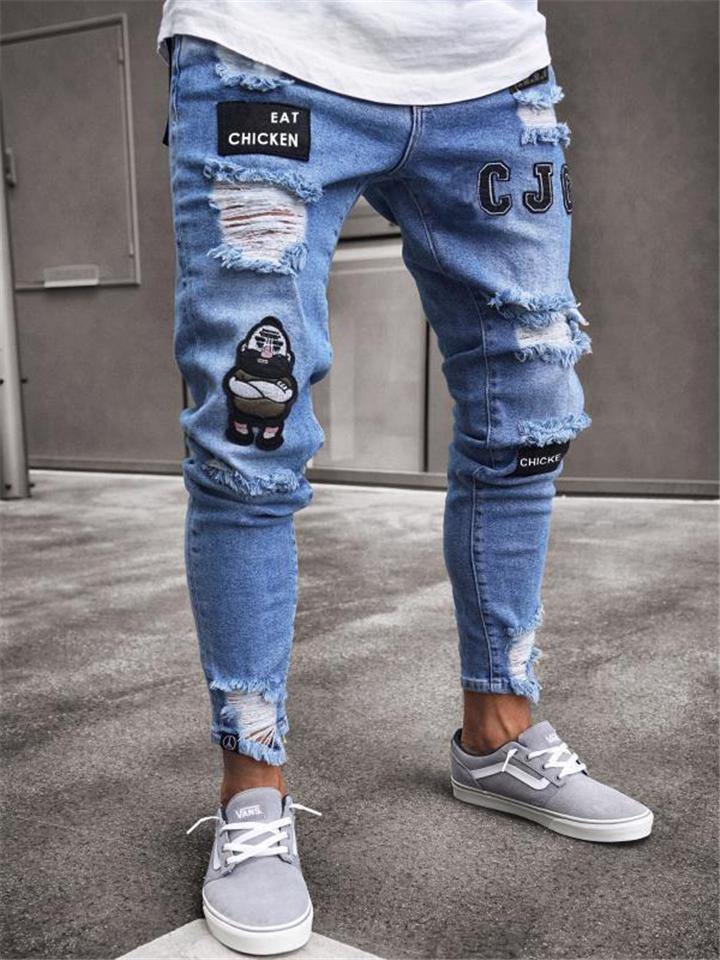 Men’s Tapered Fit Cartoon Printed Ripped Denim Trousers