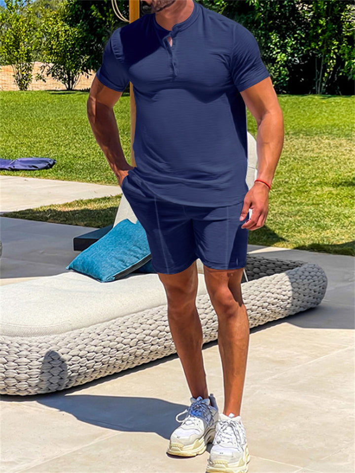 Men's Slim Fit Leisure Henley Short-sleeve 2 Pieces Sets