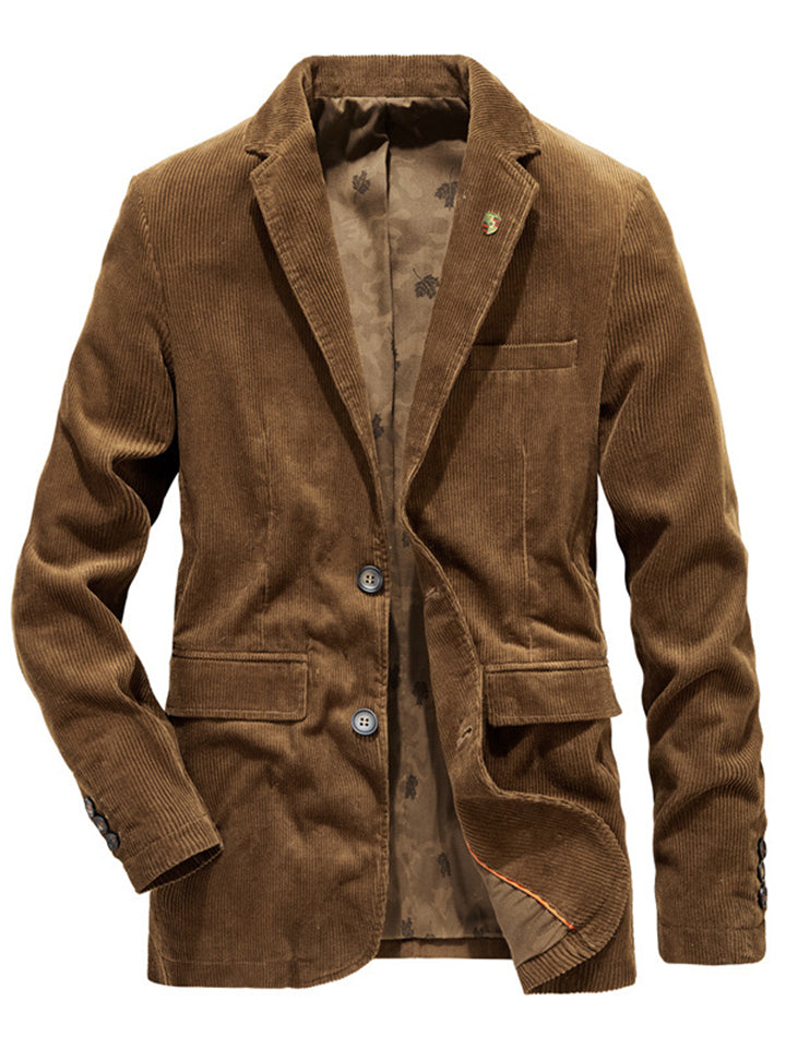 Men’s Classic Notched Lapel Collar Corduroy Flap Pocket Button Fastening Blazer Coat