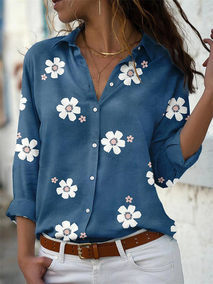 Lovely Daisy Floral Print Lapel Button Long Sleeve Women Shirts