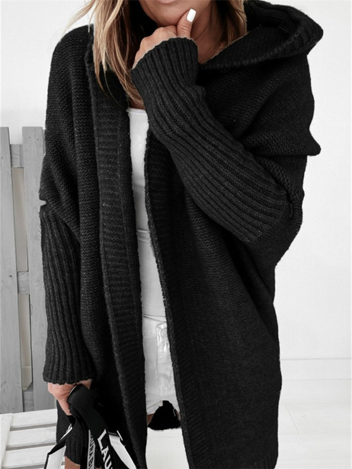 Comfortable Open Front Batwing Sleeve Ribbed Design Hooded Sweater