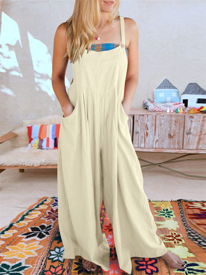 Women's Summer Plus Size Solid Color Suspender Jumpsuits with Pockets