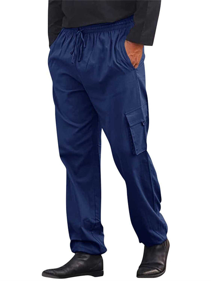 Men's Simple Elastic Waist Multi Pockets Soft Linen Cargo Pants