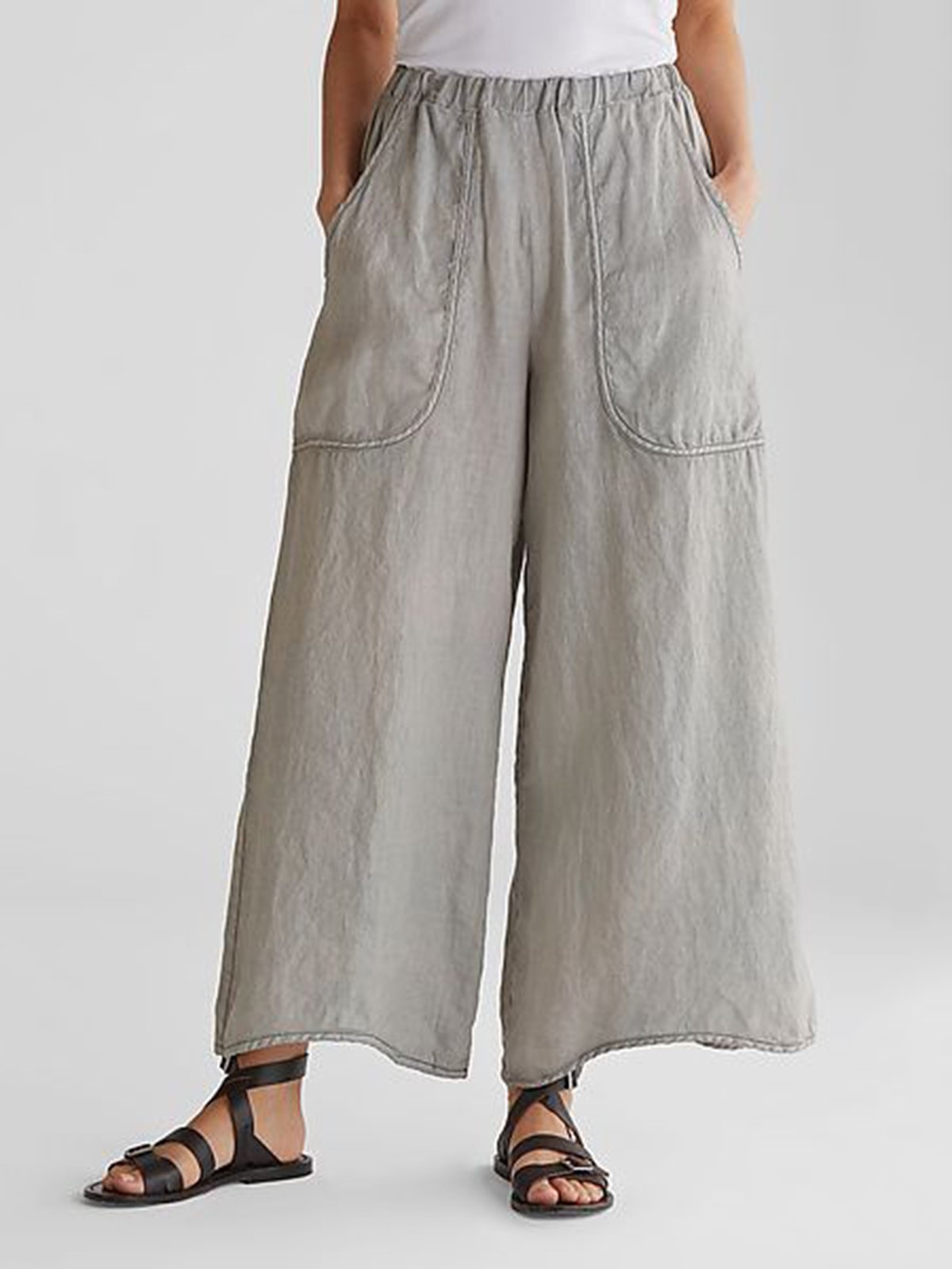 Women's Casual Plain Pockets Linen Wide-leg Pants