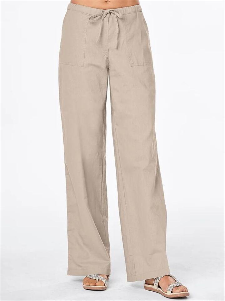 Casual Fit Drawstring Solid Color Pocket Straight-Leg Cotton Linen Pants