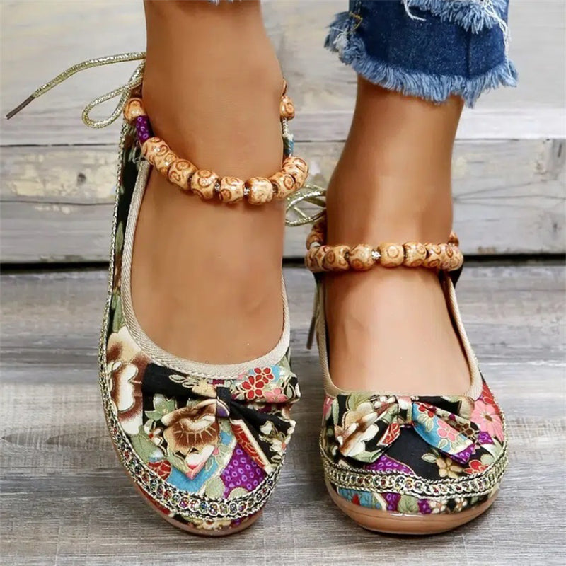 Ladies Ethnic Style Embroidered Ankle Strap Loafers