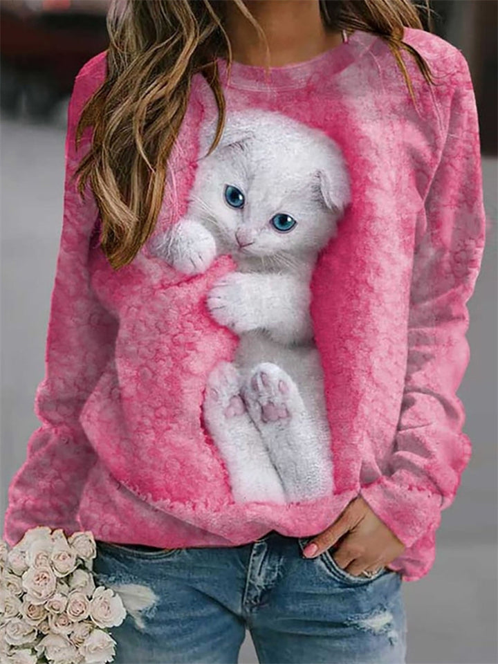 Women's Comfy Cute kitten Printed Round Neck Long Sleeved Sweatshirt