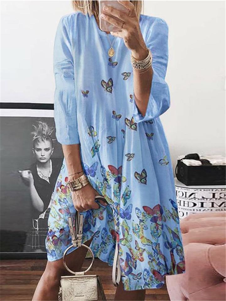 Women's Loose Fit Butterfly Printed Round Neck Long Sleeve Midi Dress