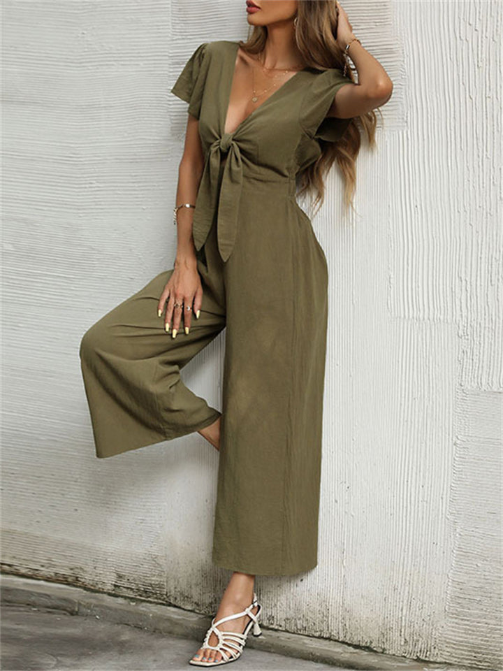 Women's Sexy V Neck Linen Casual Wide Leg Cropped Jumpsuits