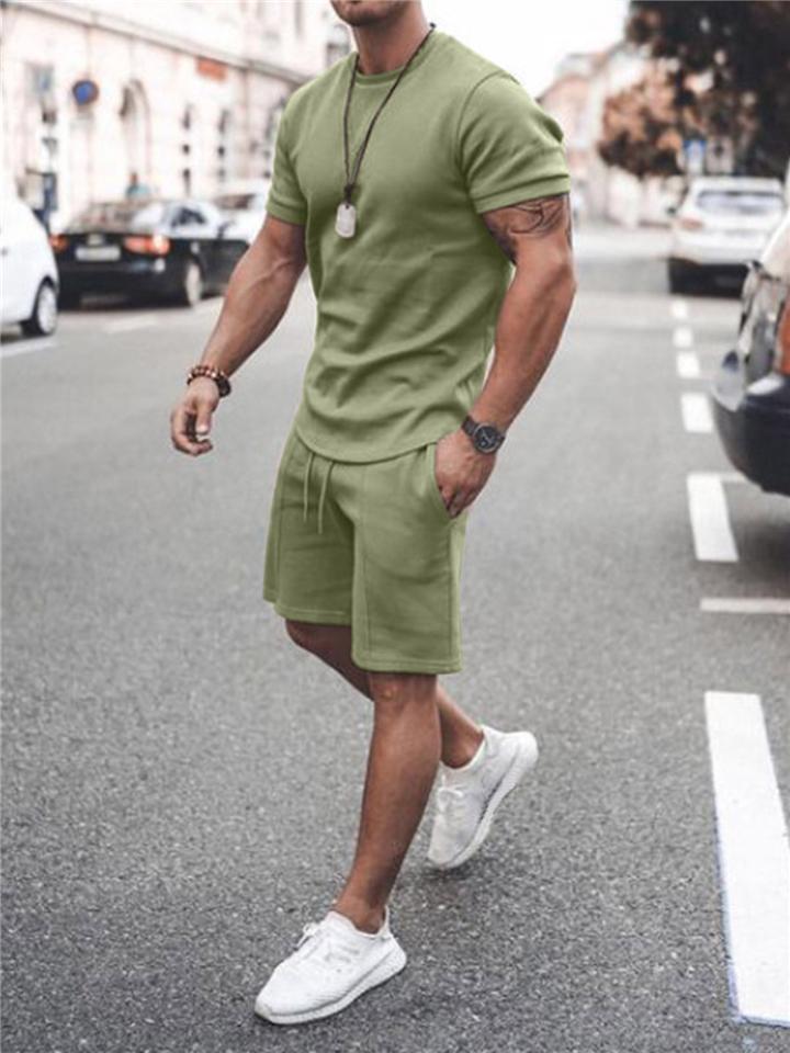 Men's Casual Sport 2 Piece Set Solid Color Comfy Short Sleeve T-Shirts and Shorts Outfits