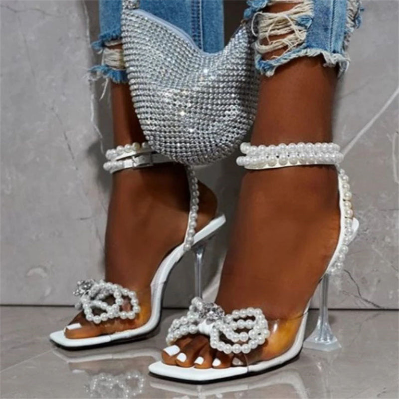 Women's Sexy Luxury Pearl Beaded Butterfly Silver Heels Sandals