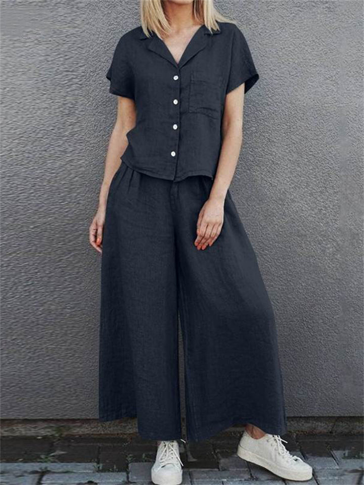 Women's Vintage Cotton Lapel Short Sleeve Shirt and Loose Pants