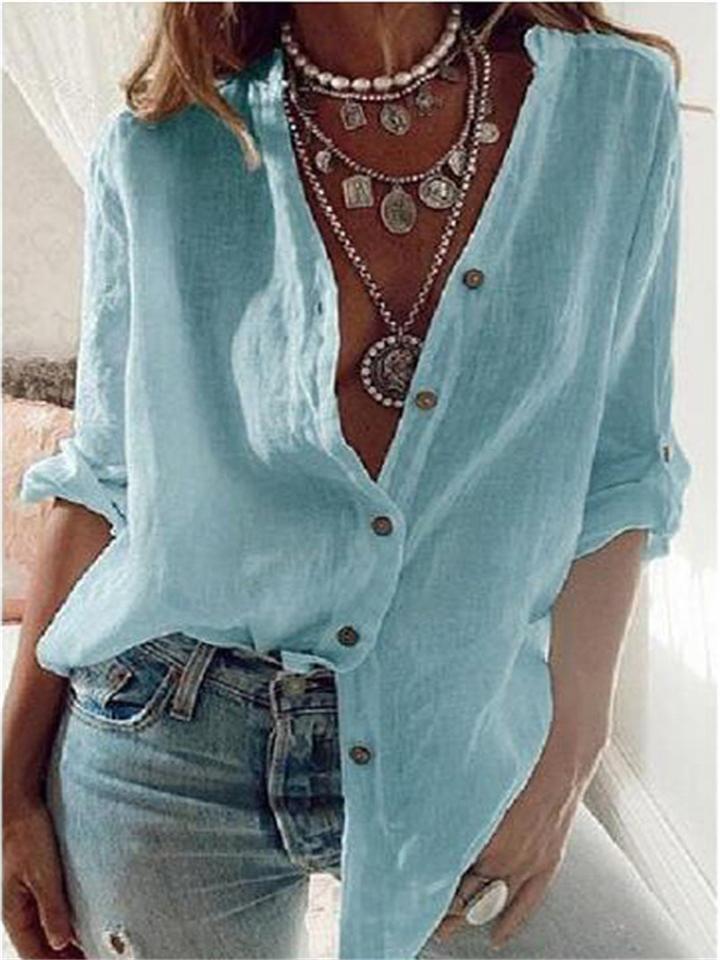 Casual Button Up Solid Color Cotton Blouse for Women