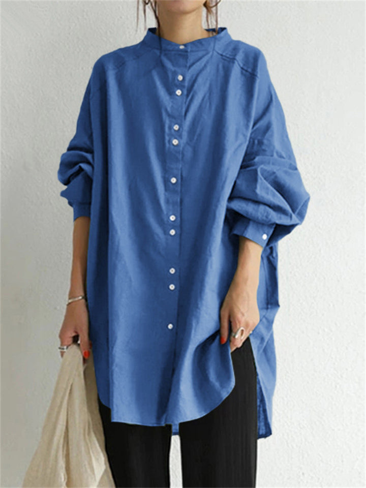 Women's Simple Stand Collar Lantern Sleeve Loose Blouses