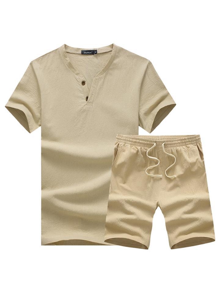Men's Fashion Comfy Cotton Linen T-shirts + Shorts Sets