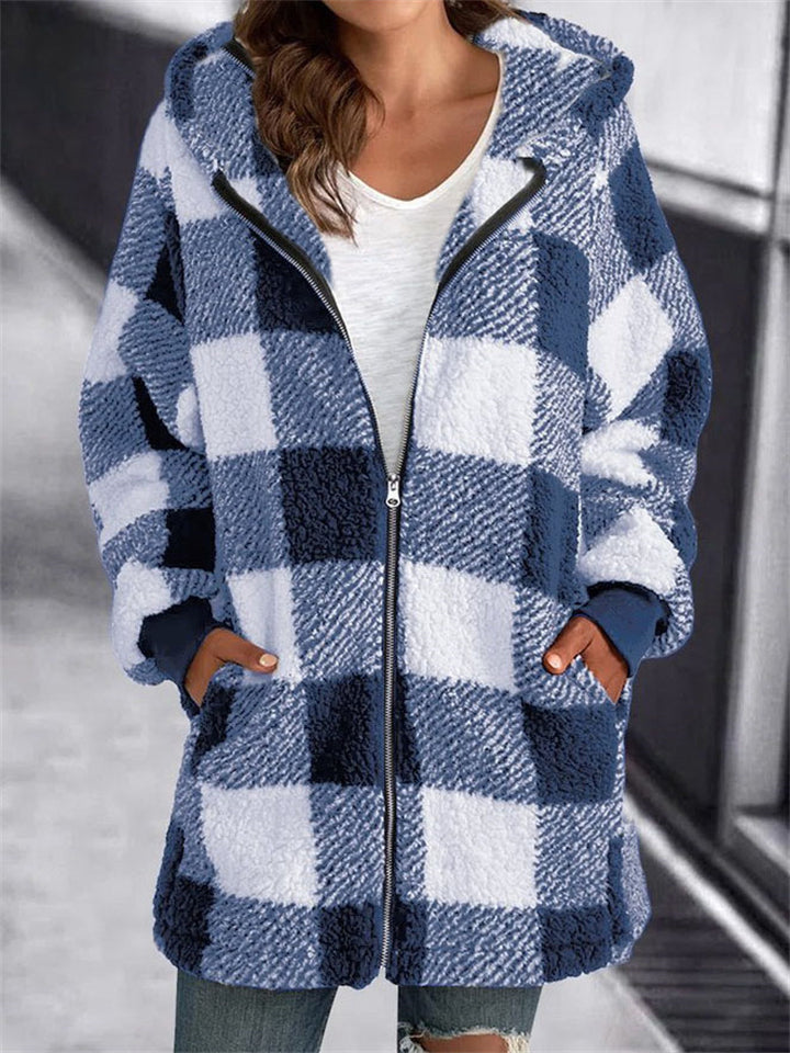Classic Full Zip Up Plaid Hooded Outerwear for Women 