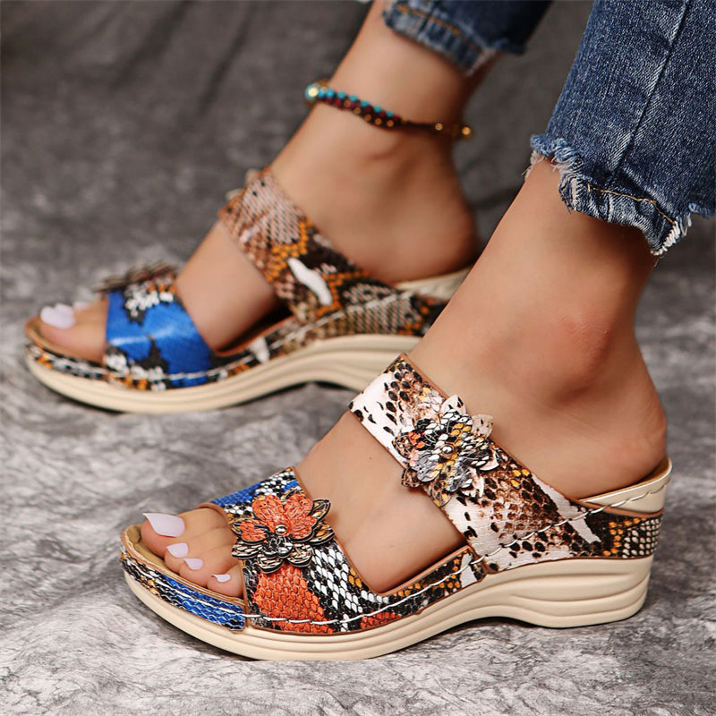 Women‘s Vacation Floral Leopard Print Wedge Heels Slip On Sandals