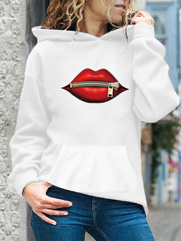Women's Trendy Zipper Red Lips Print Long Sleeve Pullover Hoodies