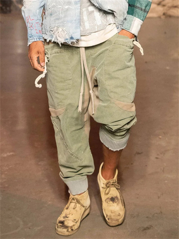 Men's Modish Contrast Color Splice Lace-up Cargo Pants