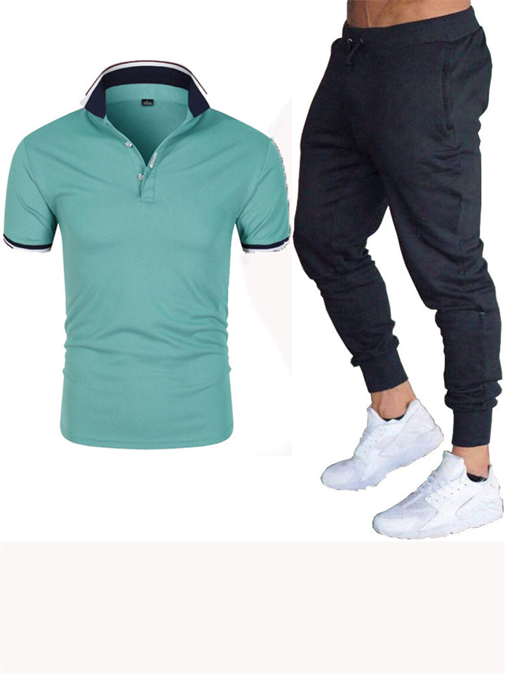 Men's Summer Slim Fit Breathable Quick Dry Short Sleeve Polo Shirt Trousers Sport Sets