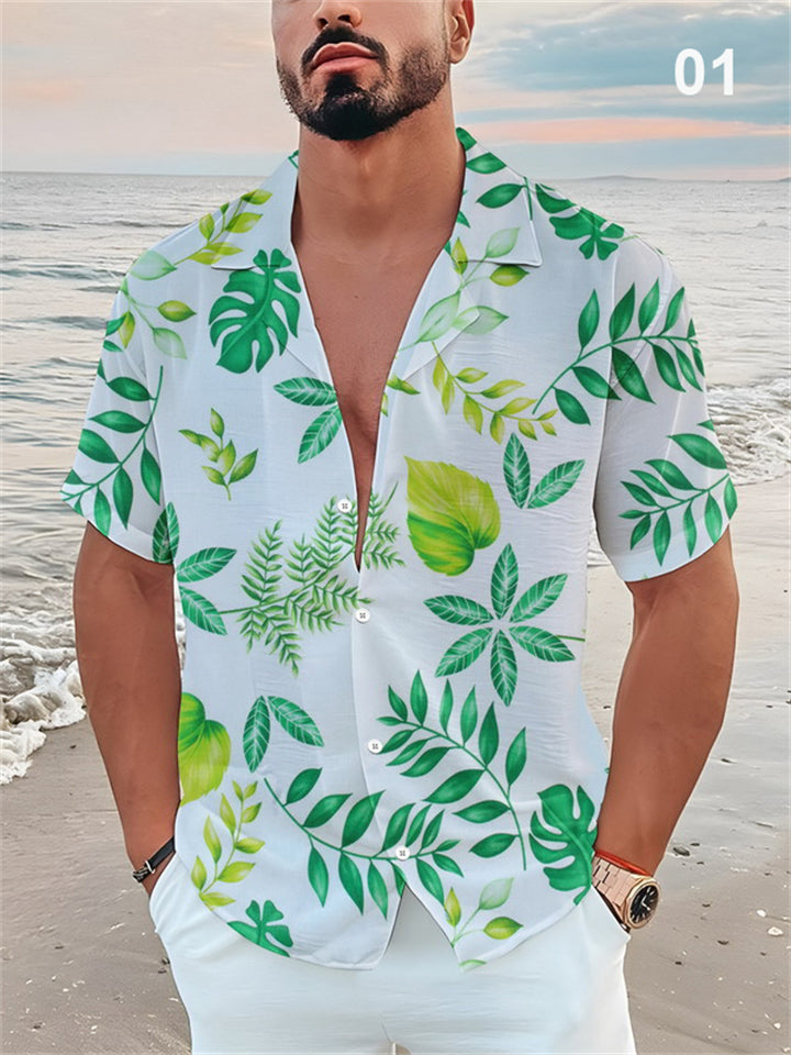 Summer Short Sleeve Lapel Leaf Print Men's Vacation Shirts