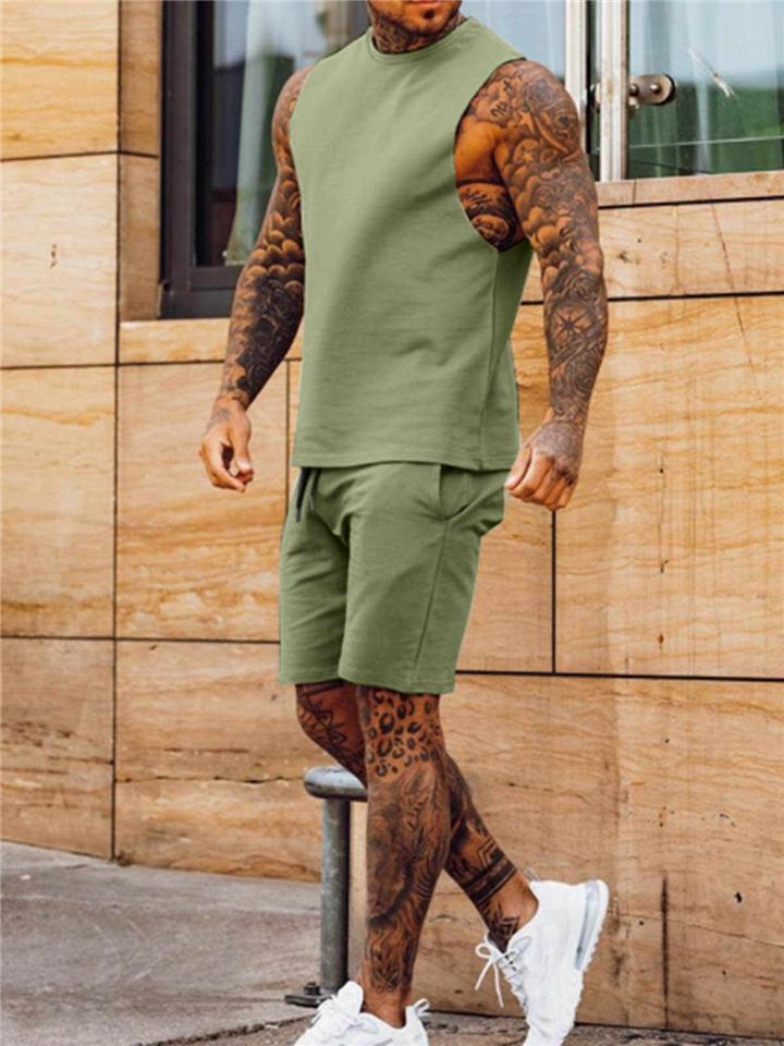 Men's Sport Solid Color Sleeveless O-Neck Tops and Shorts Outfits 2 Piece Sets