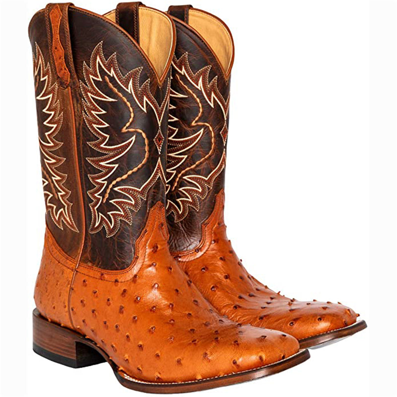 Retro Ostrich Tobacco Exotic Square Toe Western Cowboy Boots