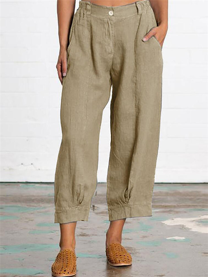Casual Loose Cotton Linen Solid Color Pockets Pant