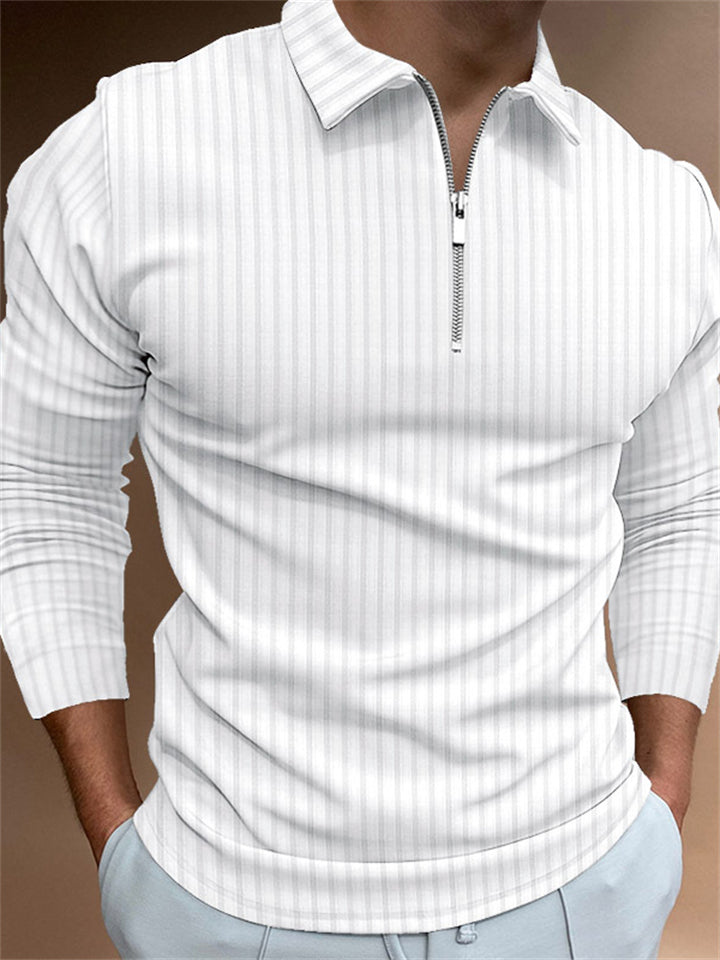 Men's Fashion Long Sleeve Vertical Stripe Zipper Polo Tops