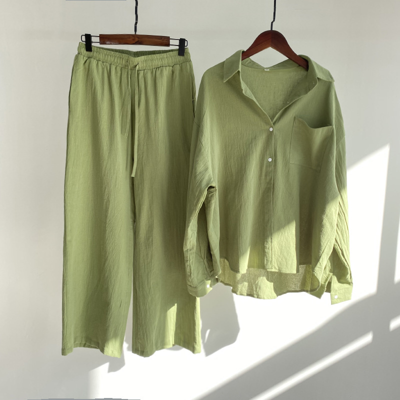 Women's Retro Cotton Linen Lapel Long Sleeve Shirts 2-Piece Sets