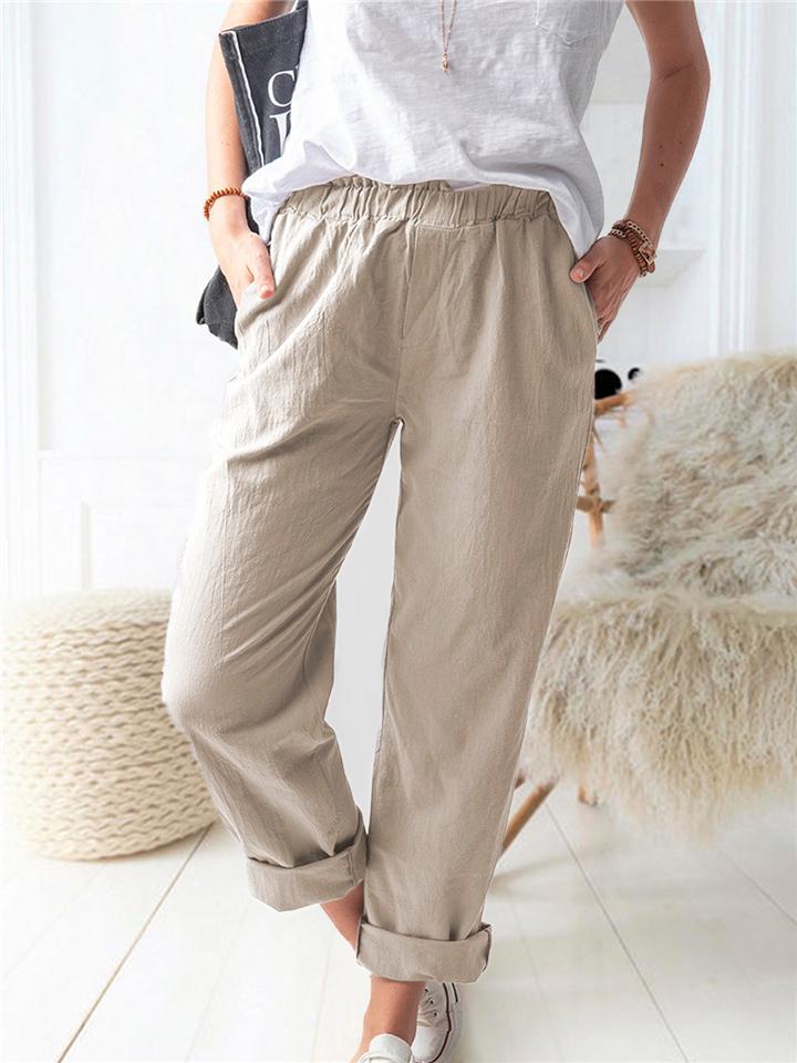 Women's Casual Fit Elastic Waistband Solid Color Straight Leg Pocket Pants