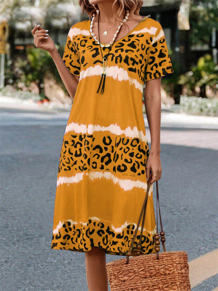 Women's Summer V Neck Leopard Print Short Sleeve Midi Dress