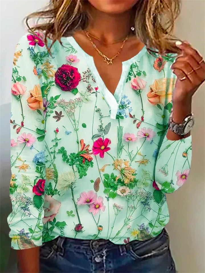 Women's Temperament Floral Print V-neck Long Sleeve Pullover T-shirts