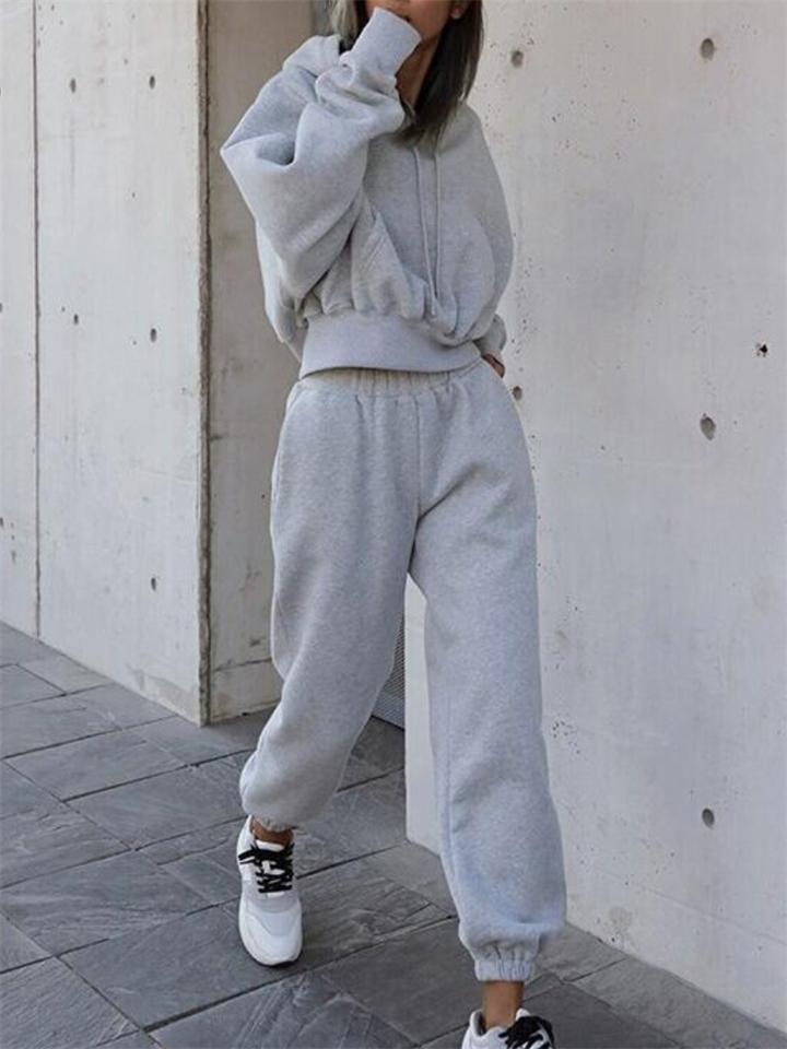 Casual Sports Long-Sleeved Solid Color Pullover Hooded Top + Elastic Waist Pants