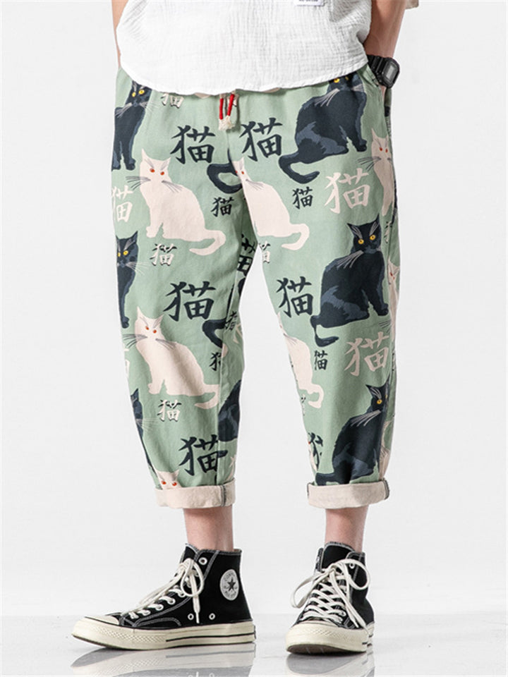 Cool Cats Printed Casual Cropped Pants for Men
