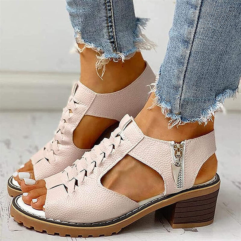 Women's Fashion Casual Hollow Out Side Zipper Wedge Heel Sandals