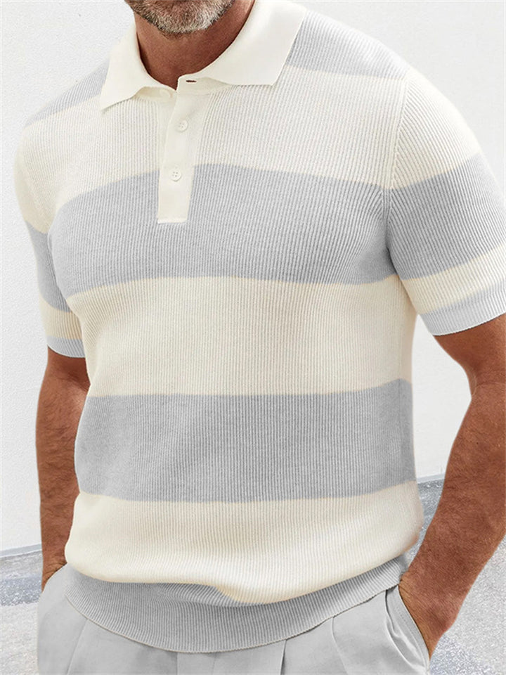 Men's Trendy Contrast Color Striped Lapel Short Sleeve Knitted Pullover Shirt