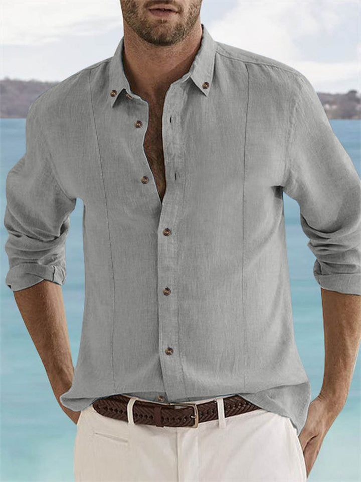 Men's Solid Color Long Sleeve Button Down Vacation Lapel Shirt