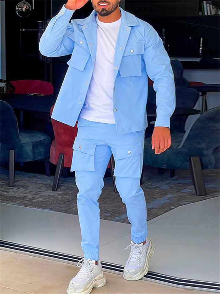 Men's Fashion Handsome 2PCS Suits Cargo Jacket Trousers