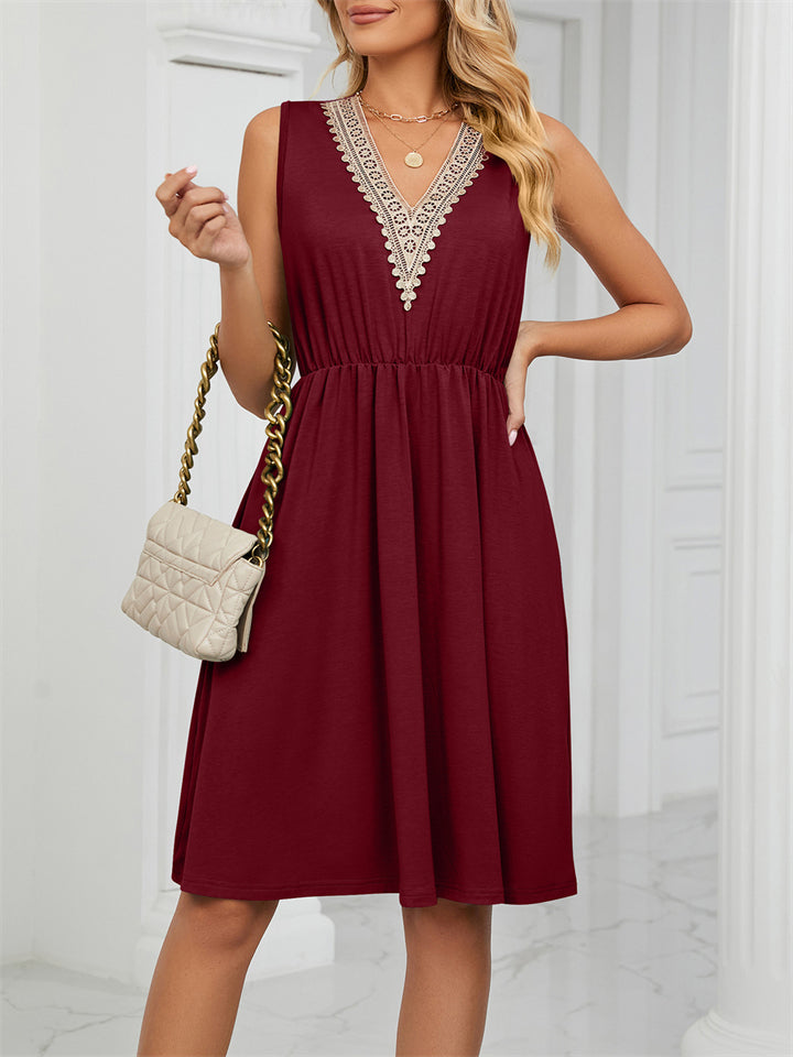 Women's Elegant Lace V Neck Sleeveless Pocket Dress
