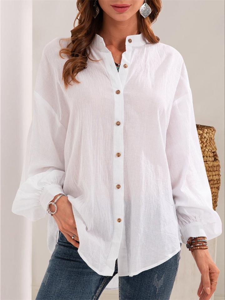 Women's Cotton Linen Solid Color Long-Sleeved Blouse
