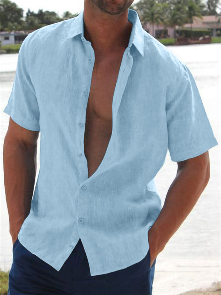 Men's Lapel Solid Color Short Sleeve Linen Shirts