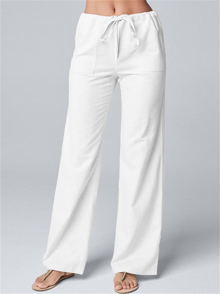 Solid Color Cotton Linen Drawstring Soft Straight Leg Female Pants