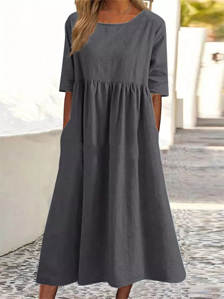 Women's Linen Cotton Round Neck Half Sleeve Simple Cozy Dress