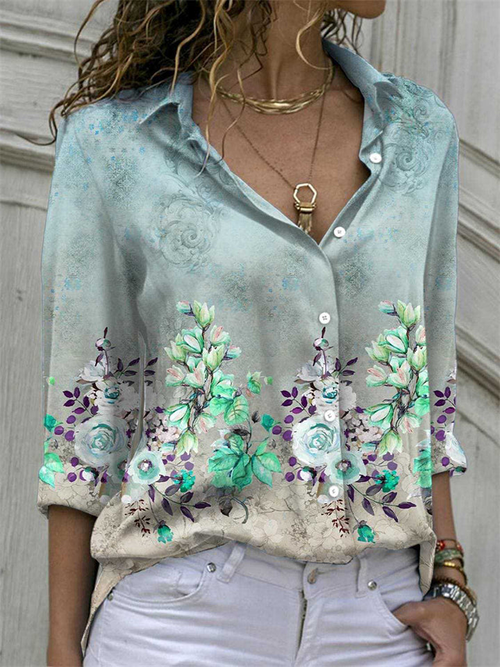 Women's Casual Floral Print Long Sleeve Button Lapel Bohemian Shirts
