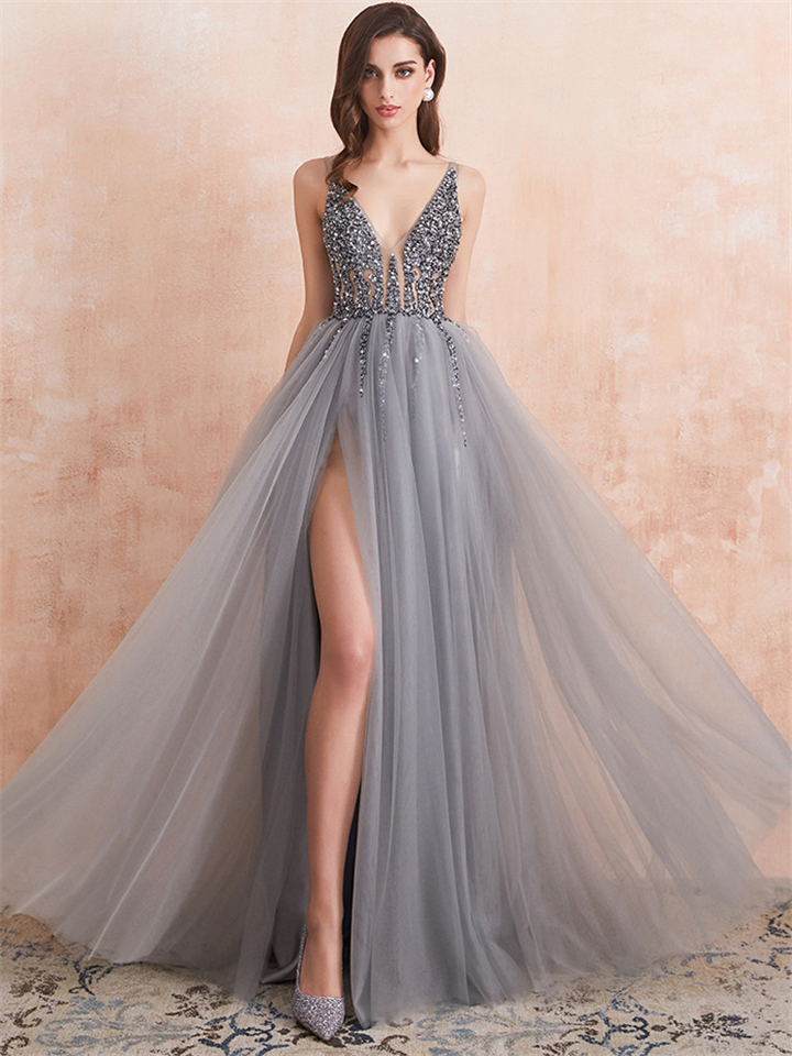 Glamorous V Neck Sequined Fitted Waist Side Slit Dress for Prom