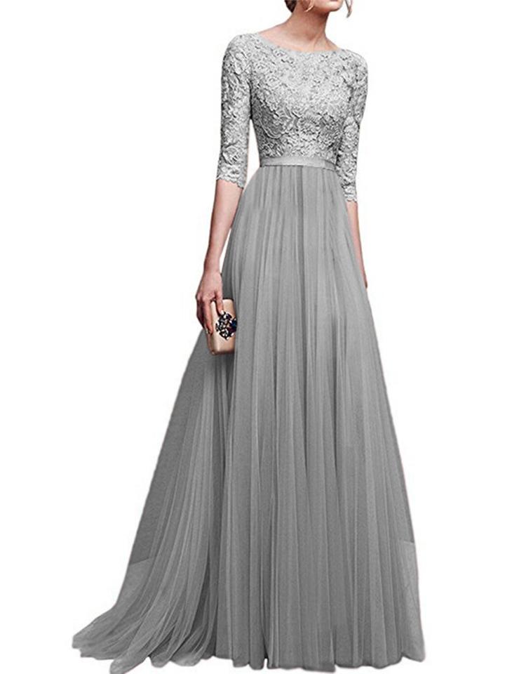 Round Neck 3/4 Sleeve A-Line Long Evening Dress for Formal Party