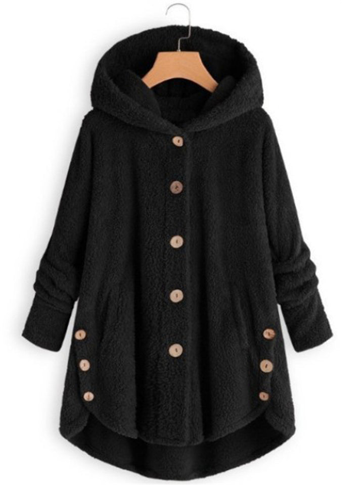 Women's Stylish Button Up Asymmetric Hooded Fleece Coat