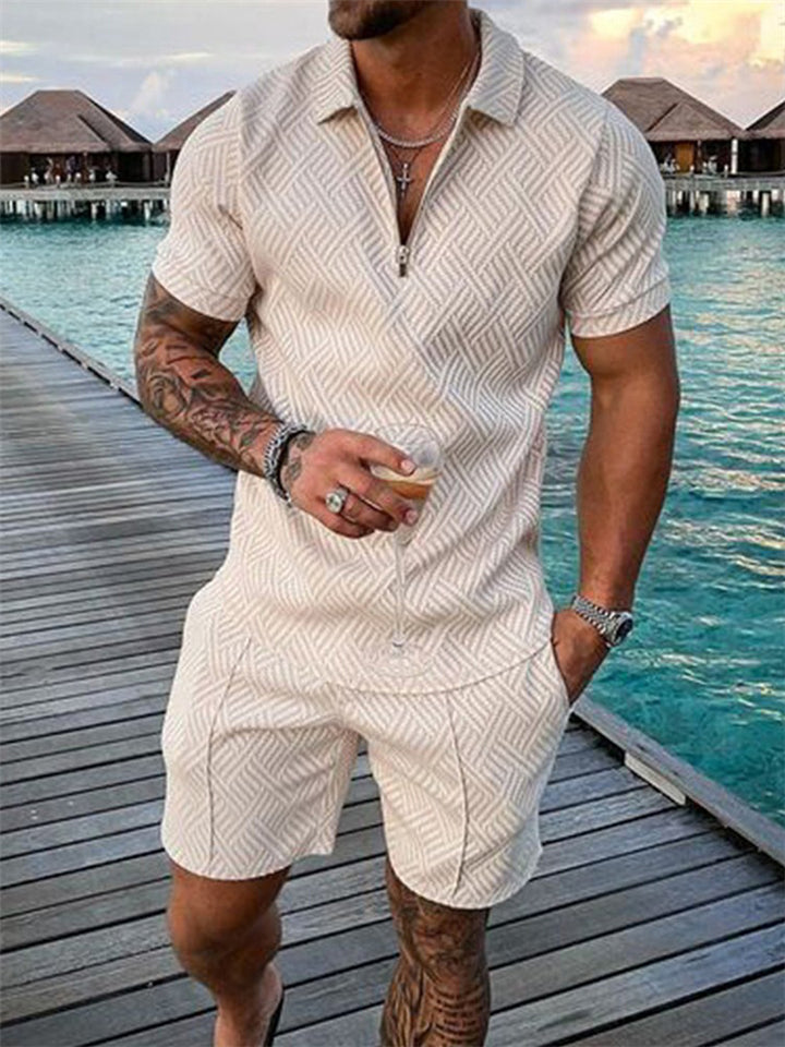 Men's Solid Color Printed Lapel Zipper Short Sleeve Shirts Outfits